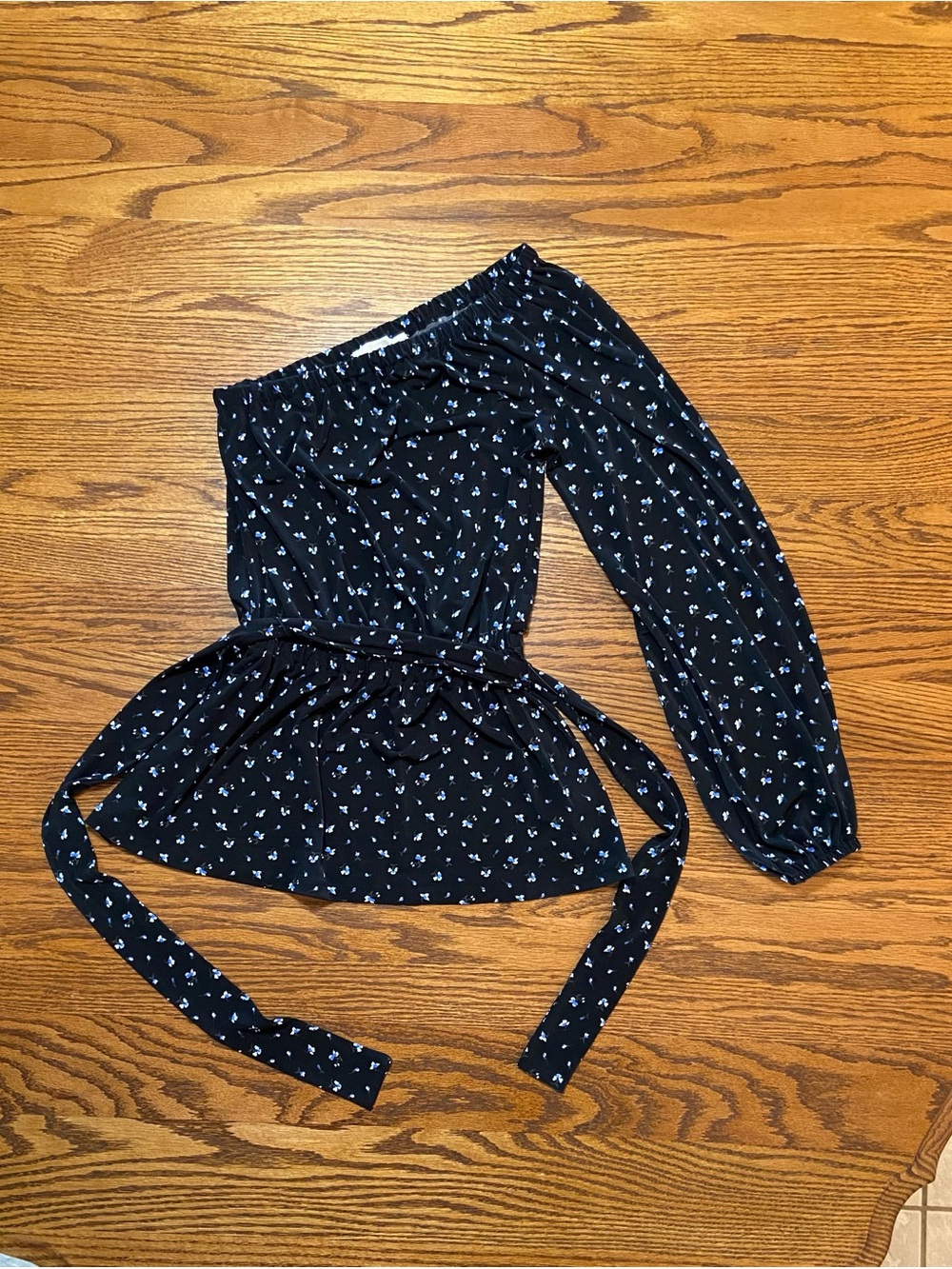 NWOT Michael Kors SZ XXS Top Off The Shoulder Long Sleeve Tie Belt Blue Flowers